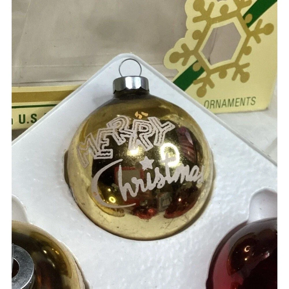 Vintage Mercury Glass Glitter Merry Christmas Ornaments Stenciled 1950s Pyramid